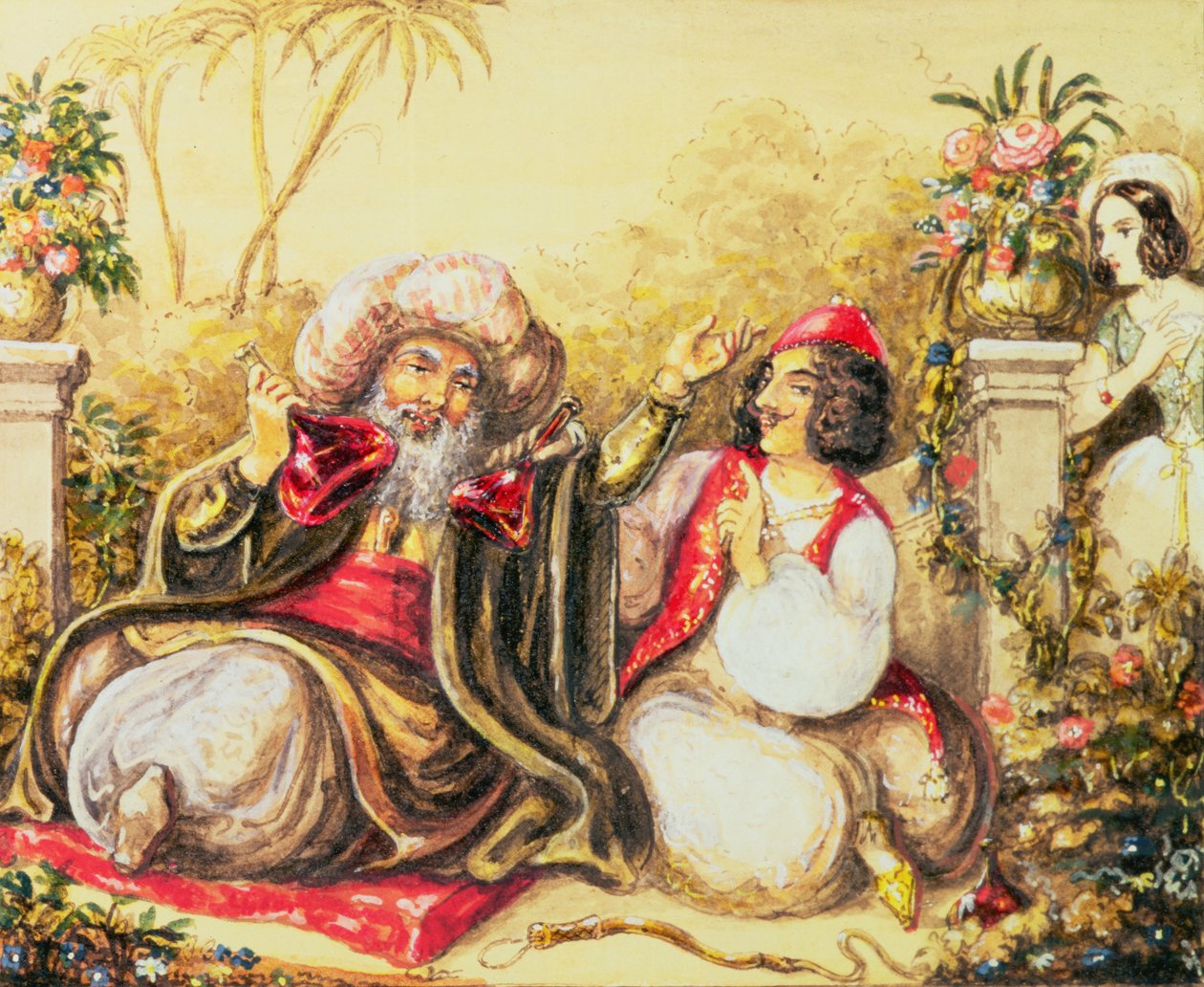 Pedrillo houkuttelee Osminia juomalla, kun Blonda odottaa taustalla, kohtaus toisesta näytöksestä, Wolfgang Amadeus Mozartin (1756-91) teoksesta "Sieppaus seremoniasta". tekijältä Austrian School