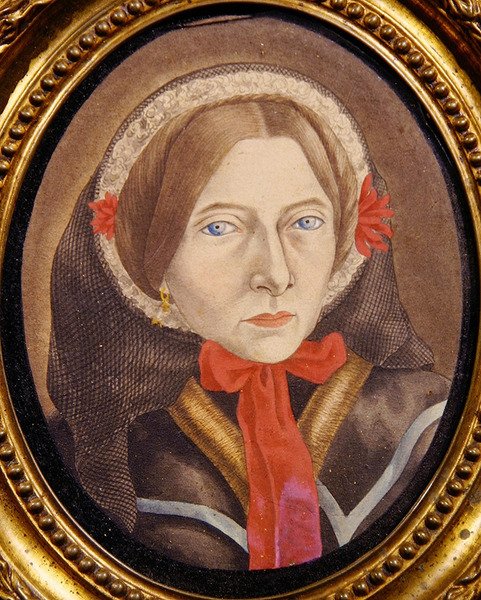 Naisen muotokuva konepellillä ja punaisella nauhalla, n. 1830 (guassi paperille) tekijältä Austrian School