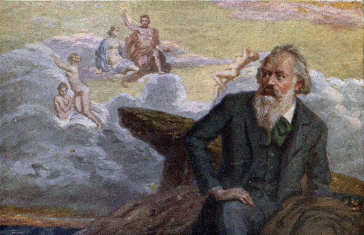 Postikortti Johannes Brahmsia (1833-97) säveltämässä ensimmäistä sinfoniaaan Op.68, n. 1900 tekijältä Austrian School