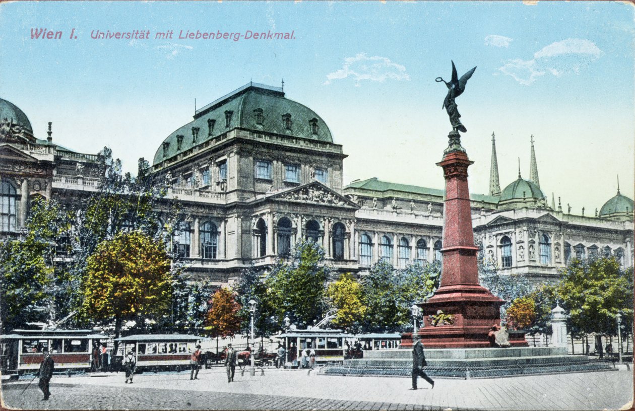 Postikortti, joka kuvaa Wienin yliopistoa ja Liebenbergin muistomerkkiä, n. 1915 tekijältä Austrian School