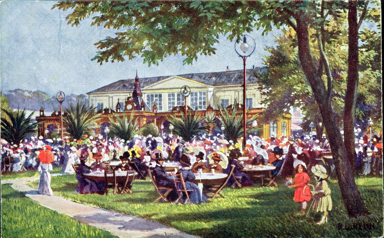 Postikortti, joka kuvaa Meierei-Tivoli-kahvilan terassia, Schonbrunnin kortteli, Wien tekijältä Austrian School