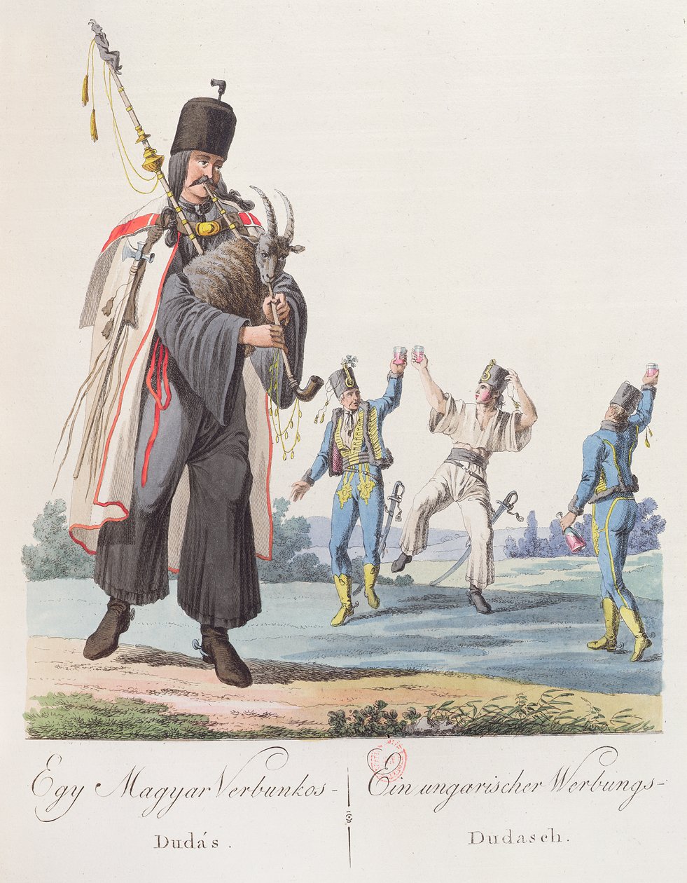 Unkarilaisen rykmentin sotilaat tanssimassa värväystä, kuvitus kirjasta Costumes de Hongrie, julkaistu Wienissä, 1810 tekijältä Austrian School