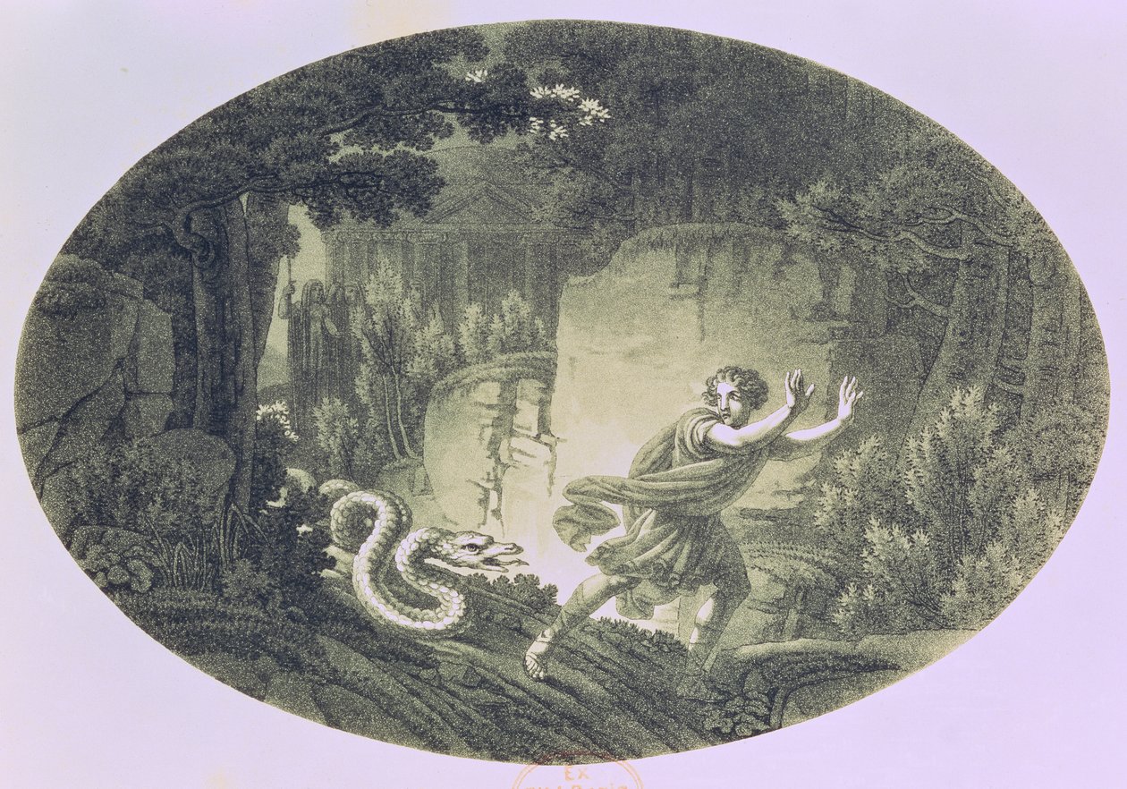 Jättikäärmeen jahtaama Tamino, Wolfgang Amadeus Mozartin (1756-91) Taikahuilun I näytös I kohtaus (kaiverrus) tekijältä Austrian School