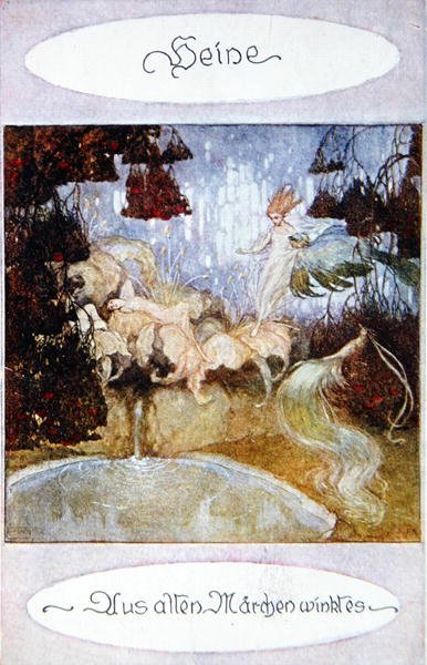 "Vanhojen satujen viisaus", kuvitus Heinrich Heinen (1797-1856) runoon, n. 1918 (väri litho) tekijältä Austrian School