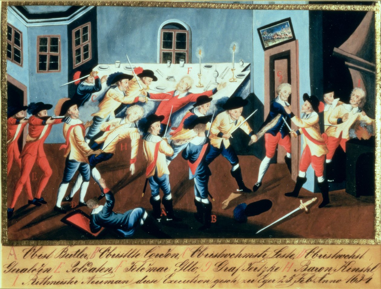 Albrecht von Wallensteinin (1583-1634) pidättäminen Egerissä irlantilaisten ja skotlantilaisten upseerien toimesta kenraali Butlerin johdolla. tekijältä Austrian School