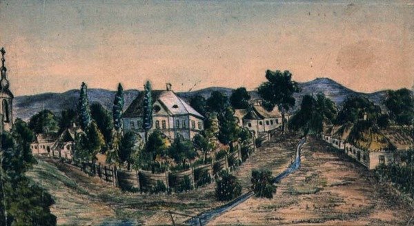 Näkymä maalaiskylään, n. 1830 (akvarelli paperille) tekijältä Austrian School