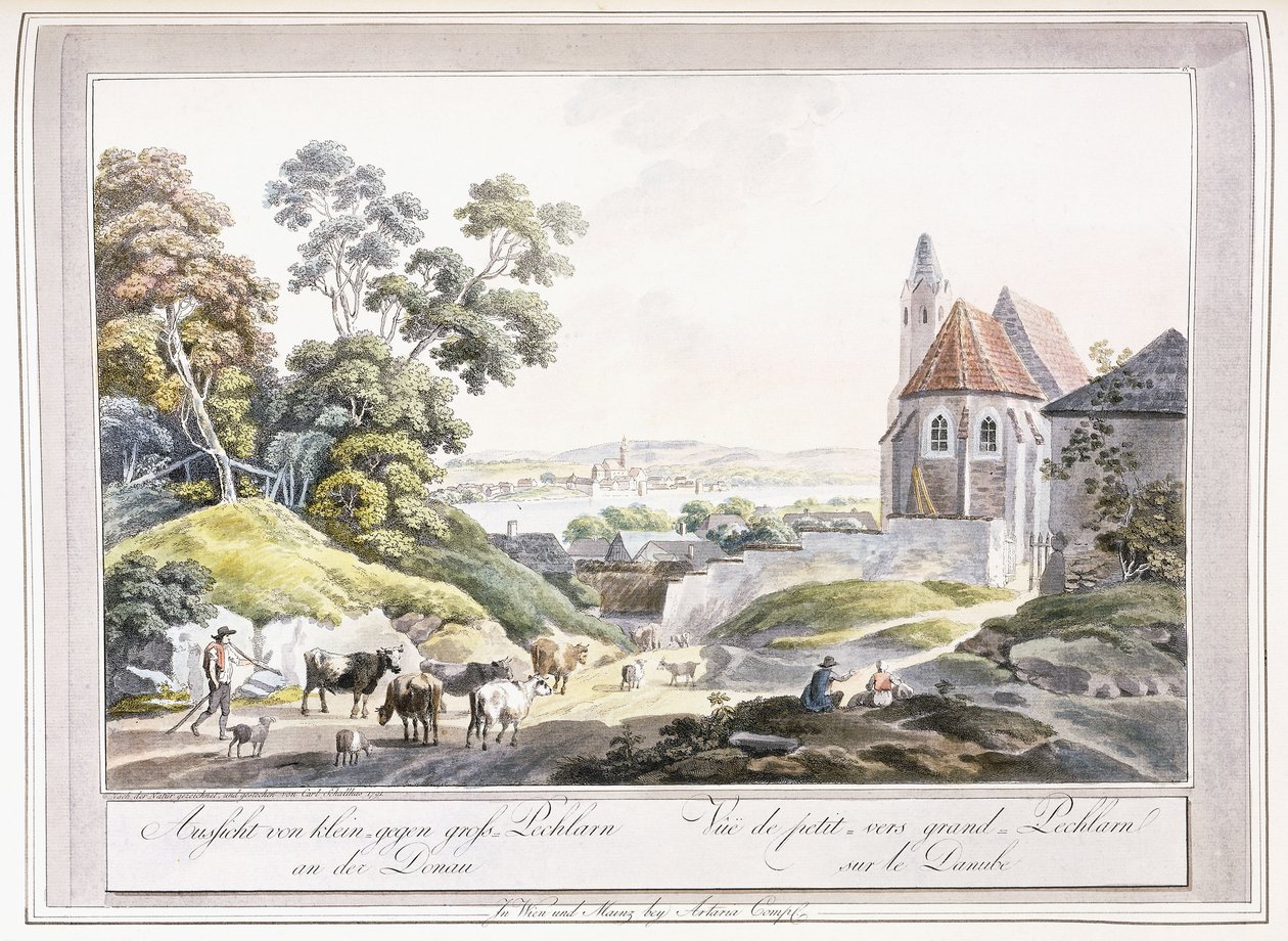 Näkymä Pienelle ja Suurelle Pechlarnille Tonavalla, 1779-1792 tekijältä Austrian School