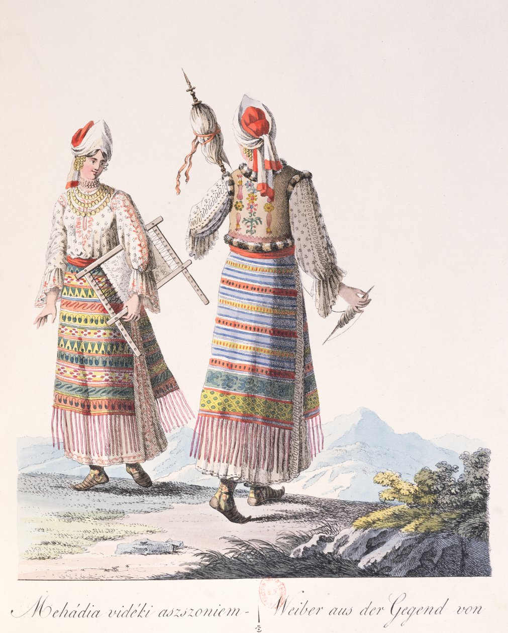 Naiset perinteisessä Mehadian alueen puvussa, kuvitus kirjasta Costumes de Hongrie, kirjoittanut J.H. de Bikkesy, 1810 (värikaiverrus) tekijältä Austrian School
