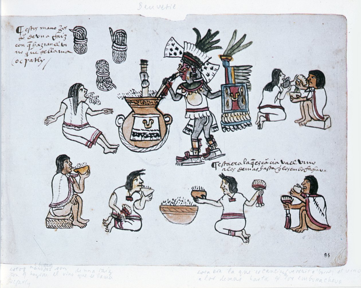 Aztec Pulque Deity puhaltaa putkeen pulque-purkin yläpuolella ja miehet juovat pulquea, esimerkki Codex Magliabechianosta tekijältä Aztec