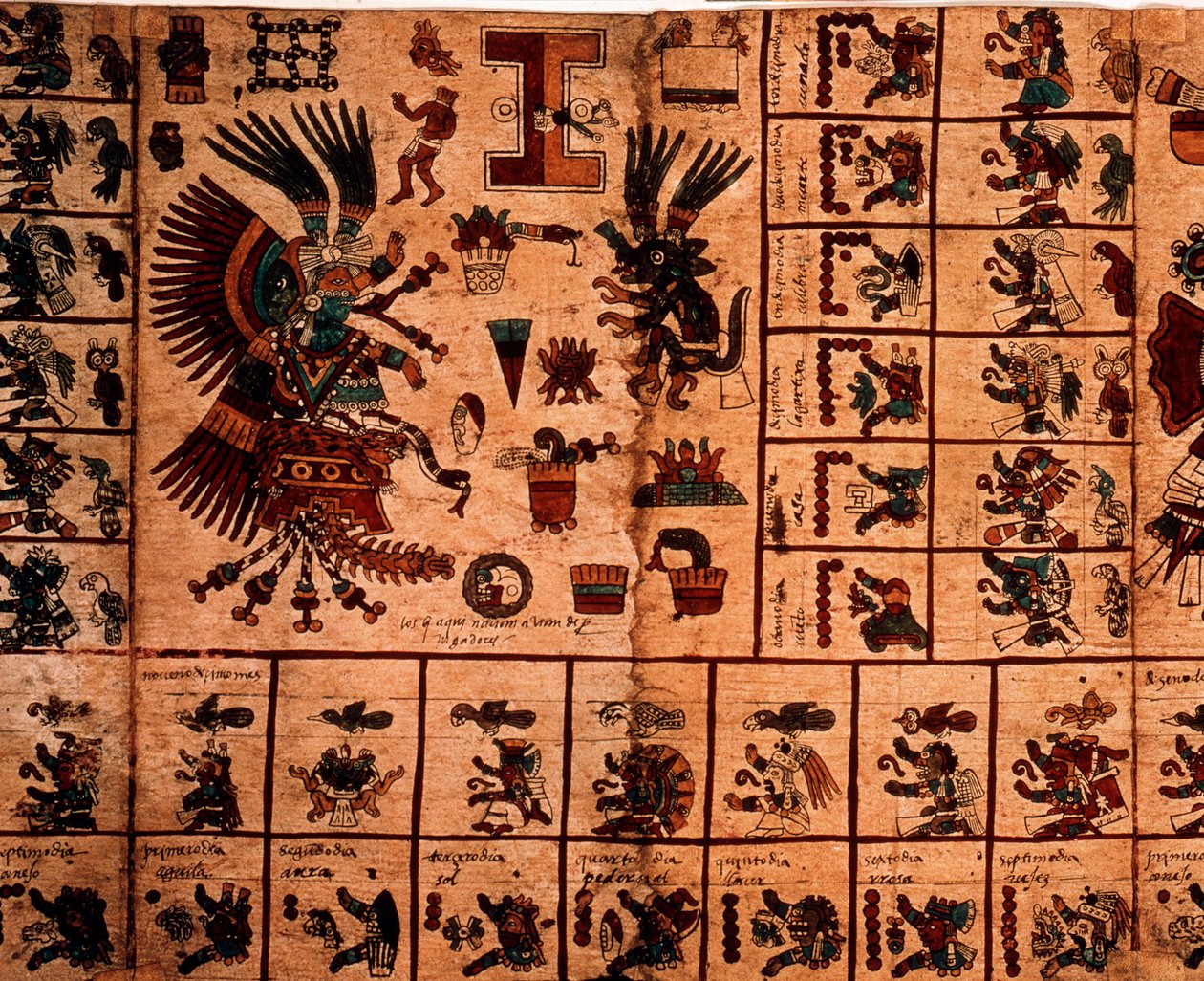 Esitys atsteekkien jumaluuksista ja kalenteria vastaavat laatikot. Sivu atsteekkien käsikirjoituksesta kuoressa "Codex Borbonicus", esikolumbialainen Keski-Meksikon alkuperäiskansojen koodeksi, 1400-luvun loppu. Kansalliskokouksen kirjasto (Palais Bourbon) tekijältä Aztec