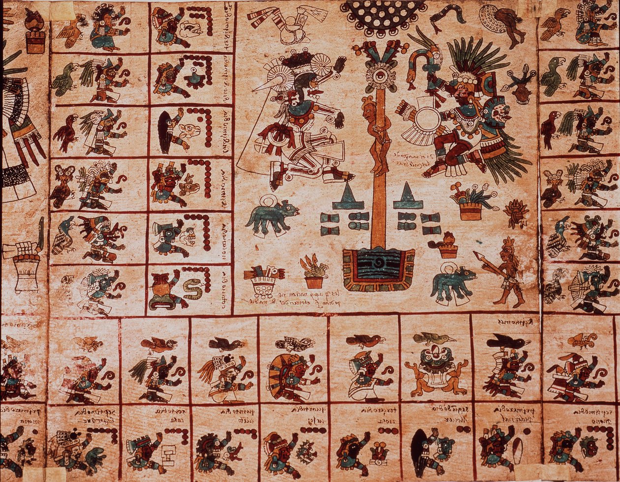 Esitys atsteekkien jumaluuksista ja kalenteria vastaavat laatikot. Sivu atsteekkien käsikirjoituksesta kuoressa ”Codex Borbonicus”, esikolumbialainen Keski-Meksikon alkuperäiskansojen koodeksi, 1400-luvun loppu. Kansalliskokouksen kirjasto (Palais Bourbon) tekijältä Aztec