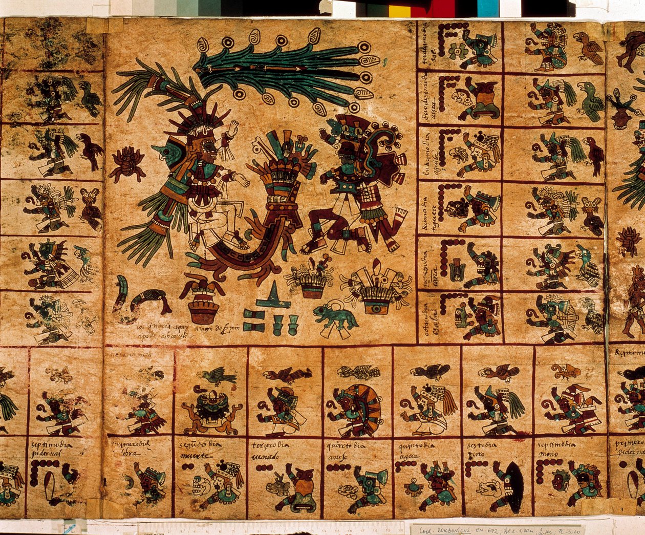 Atsteekkien jumaluuksien ja kalenteria vastaavien laatikoiden esitys. Sivu asteekkien käsikirjoituksesta kuorella "Codex Borbonicus", esikolumbialainen alkuperäiskansojen koodeksi Keski-Meksikosta, 1400-luvun loppupuolelta. Kansalliskokouksen kirjasto (Pal tekijältä Aztec