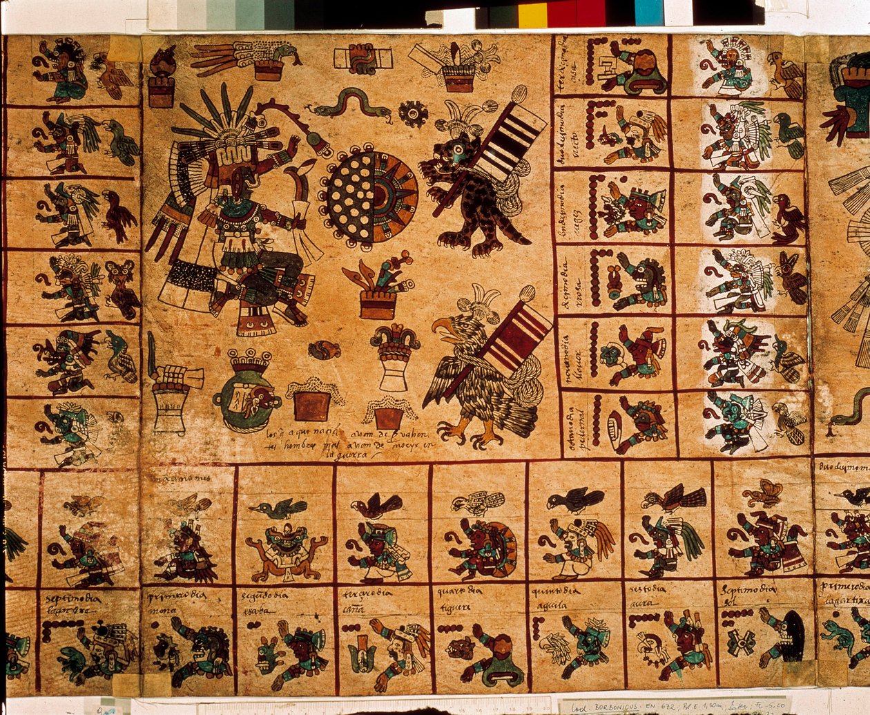 Esitys atsteekkien jumaluuksista ja kalenteria vastaavista laatikoista. Sivu atsteekkien käsikirjoituksesta kuoressa "Codex Borbonicus", esikolumbialainen Keski-Meksikon alkuperäiskansojen koodeksi, 1400-luvun loppu. Kansalliskokouksen kirjasto (Palais Bou tekijältä Aztec
