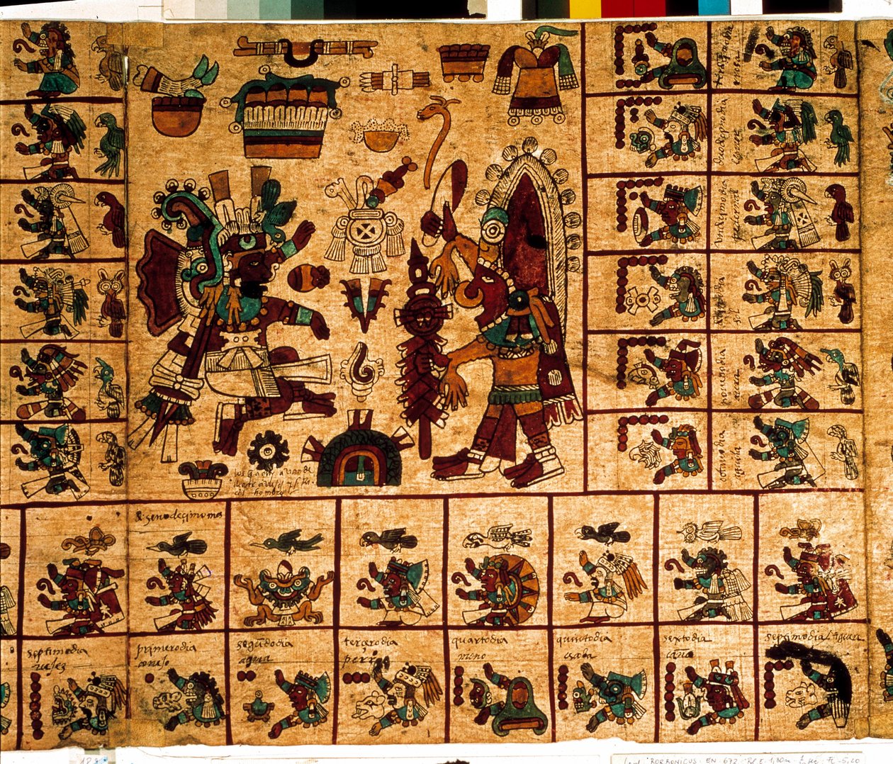 Esitys atsteekkien jumaluuksista ja kalenteria vastaavat laatikot. Sivu atsteekkien käsikirjoituksesta kuoressa "Codex Borbonicus", esikolumbialainen Keski-Meksikon alkuperäiskansojen koodeksi, 1400-luvun loppu. Kansalliskokouksen kirjasto (Palais Bourbon) tekijältä Aztec