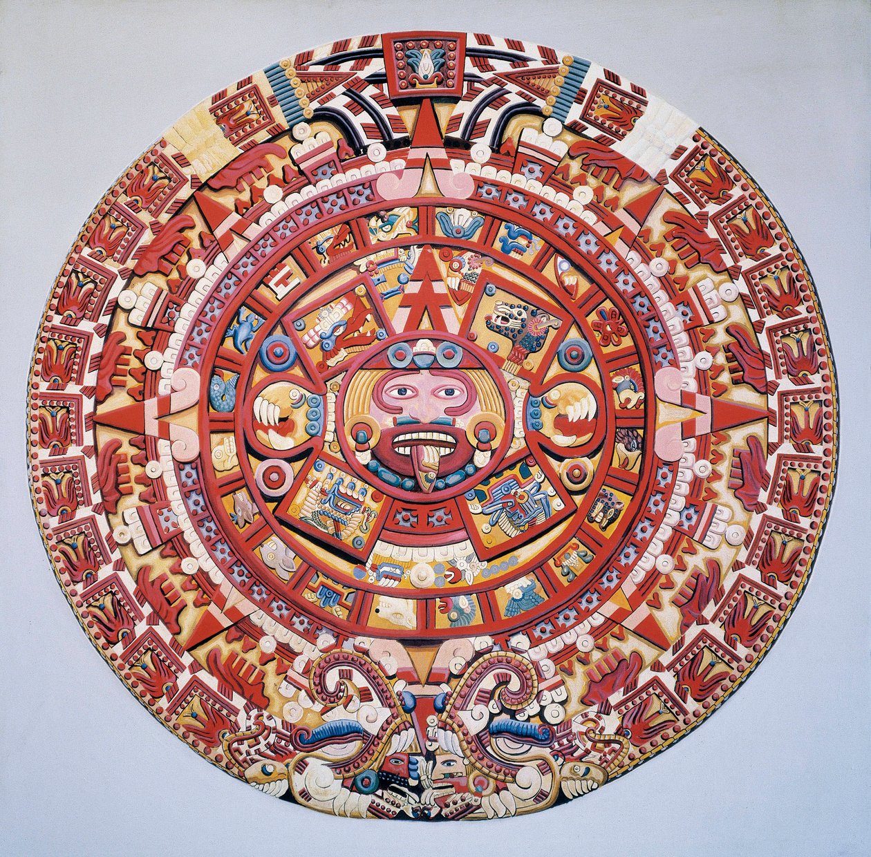 Esikolumbialainen sivilisaatio: atsteekkien kalenteri (Auringon kivi): atsteekkien kalenteria ja kosmogoniaa kuvaava levy (Tonalpohualli). tekijältä Aztec Aztec