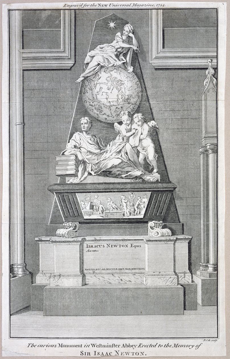 Outo muistomerkki Westminster Abbeyssä, pystytetty Sir Isaac Newtonin muistolle, 1754 tekijältä B. Cole