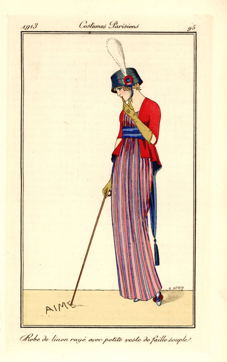Nainen raidallisessa pellavamekossa ja liivi pehmeää uurrettua silkkiä tai faillea, hattu kokardilla. Hän kirjoittaa rakkautta keppillään hiekkaan. Robe de linon raye avec petite veste de faille souple. Käsinvärinen pochoir (stensiili) etsaus B. Bertin kuv tekijältä B Berty