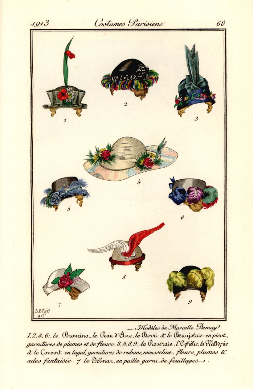 Naisten hattumalleja suunnittelija Marcelle Demay. Mallit Marcelle Demay. Käsinvärinen pochoir (stensiili) etsaus B. Bertyn kuvituksen mukaan Tommaso Antonginin Journal des Dames et des Modesista, Aux Bureaux du Journal des Dames, Pariisi tekijältä B Berty