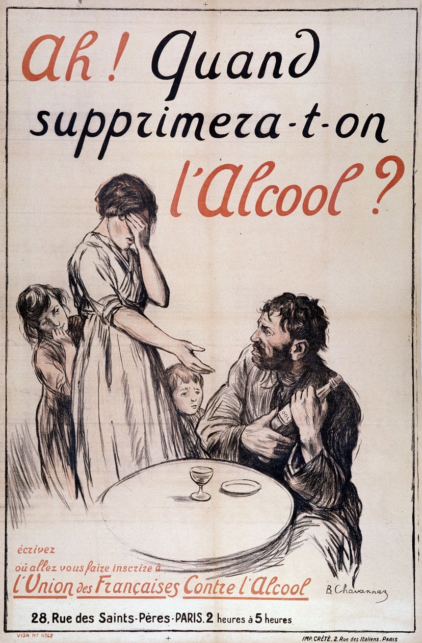 Alkoholismi: "Milloin alkoholi poistetaan?" c. 1910 (litografia) tekijältä B. Chavannaz