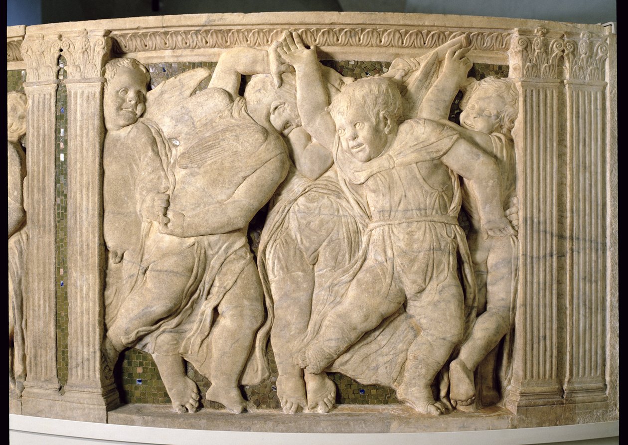 Restauroinnin jälkeinen paneeli nro VII Praton katedraalin saarnatuolista tekijältä B. di Donatello and Michelozzo