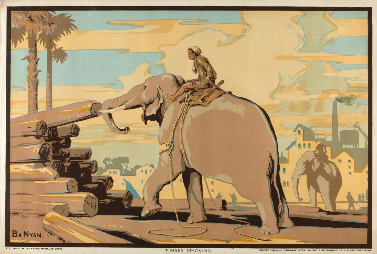 Timber Stacking, sarjasta "Burma: Rich Resources" (väri litho) tekijältä Ba Nyan