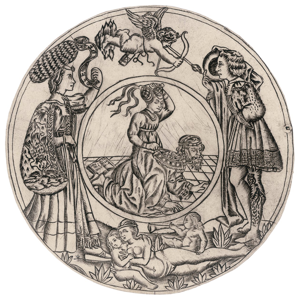 Aristoteles ja Phyllis, joita ympäröivät Nuori mies ja nainen Eroksen kanssa ja makuuasennossa alaston nainen ja kaksi lasta, 1400-luvun toinen puoli (kaiverrus) tekijältä Baccio (circle of) Baldini