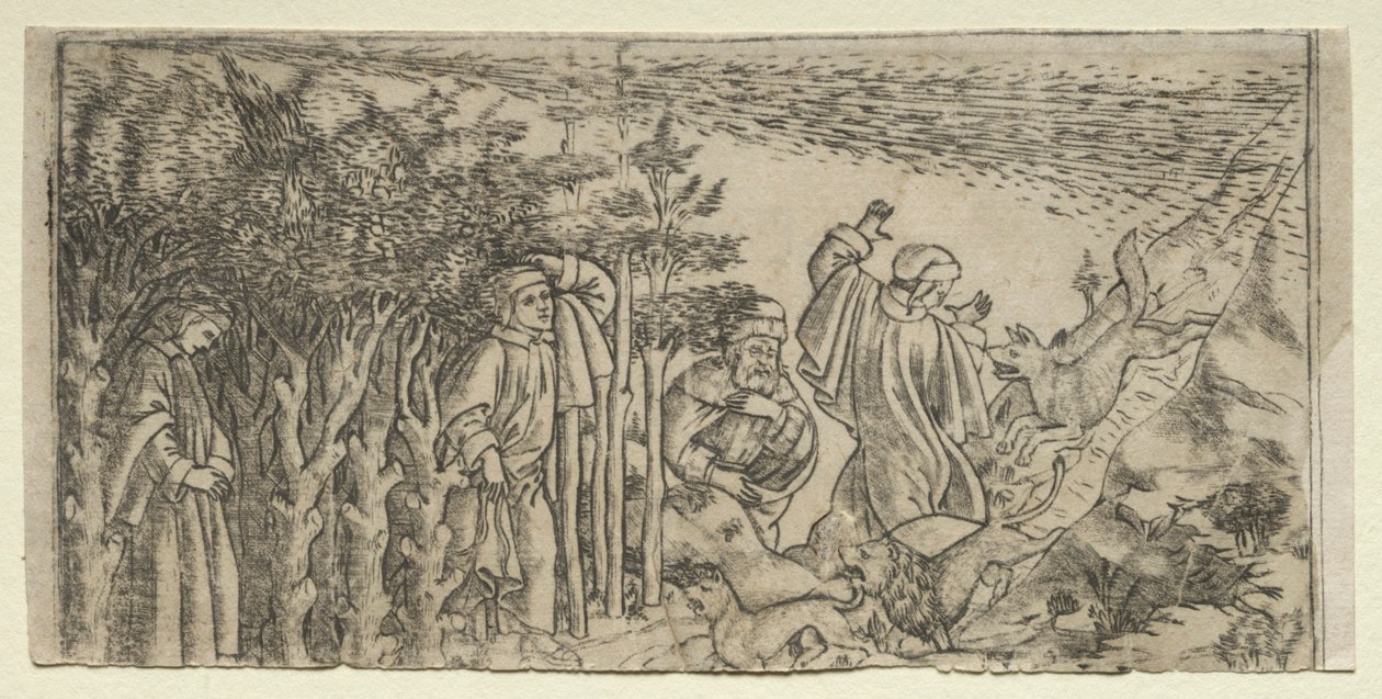 Dante Lost in the Wood: Pakeneminen ja Vergiluksen kohtaaminen, Canto I, 1481. tekijältä Baccio Baldini