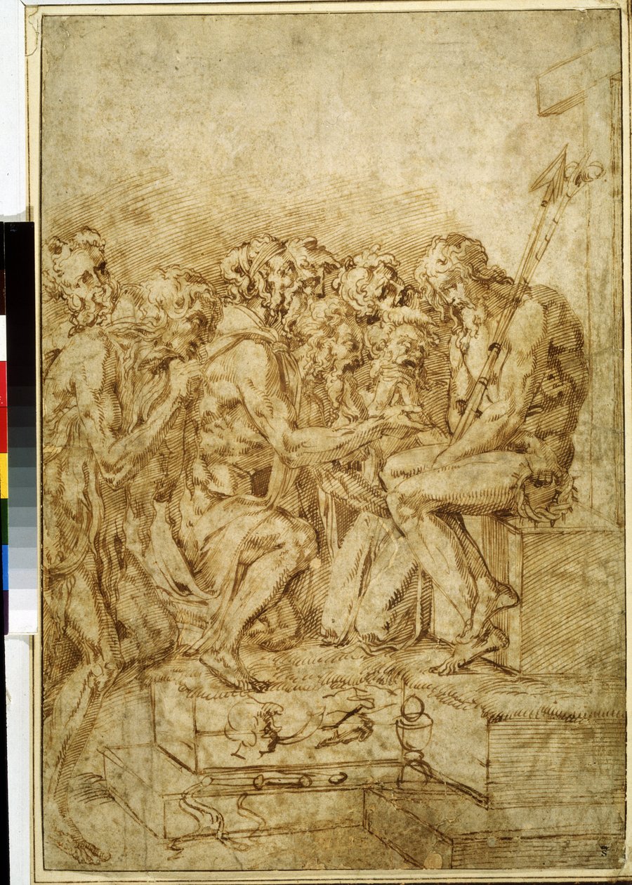 ""Kristus intohimon symboleilla seitsemän hahmon ympäröimänä"" (Kristus, jossa on seitsemän hahmoa läsnäolevaa intohimoa) Piirustus ruskealla musteella, Baccio Bandinelli (1493-1560) 1500-luvun Pushkin-museo Moskova tekijältä Baccio Bandinelli