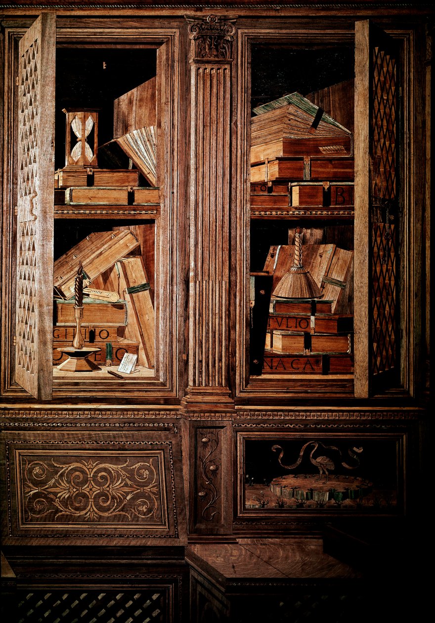 Montefeltren herttua Frederic III:n studiolo, Urbinon herttua (Urbino), italiaksi Federico III da Montefeltro (1422-1482). Yksityiskohta, puinen mosaiikkilegno, vermuotit Baccio Pontellin (1450-92) Mariano dei Filipepi dit Sandron piirustusten mukaan tekijältä Baccio Pontelli