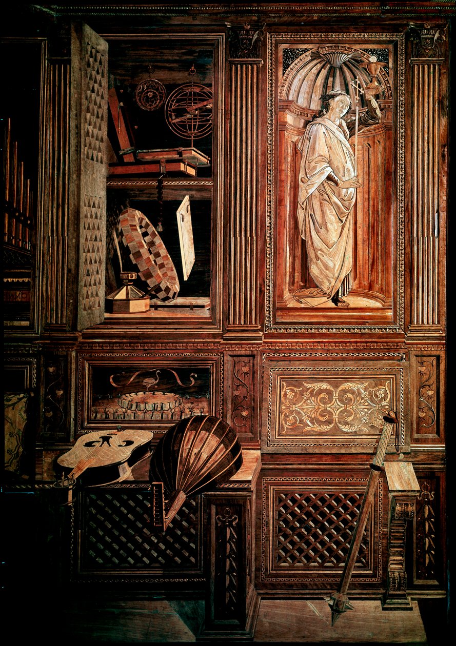 Montefeltren herttua Frederic III:n studiolo, Urbinon herttua (Urbino), italiaksi Federico III da Montefeltro (1422-1482). Yksityiskohta mazzocchio-esityksenä. Legno-puinen mosaiikki, vermomentit Baccio Pontelli (1450-92) piirustusten mukaan tekijältä Baccio Pontelli