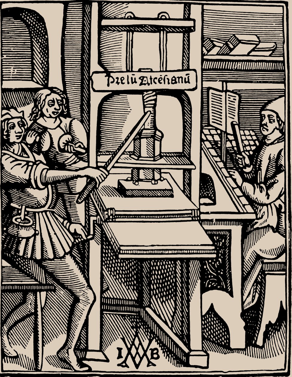 Prelum Ascensianum: painokone, jossa on painokone työssä, 1508. tekijältä Badius