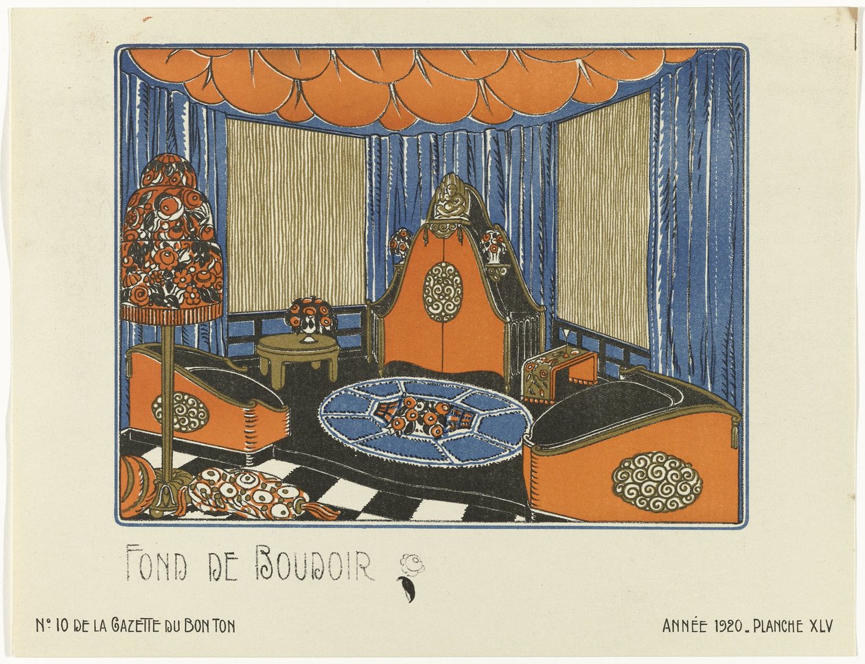 Gazette du Bon Ton, 1920 - nro 10, Pl. XLV: Fond de Boudoir (otsikko esineessä) tekijältä Bagge and Huguet