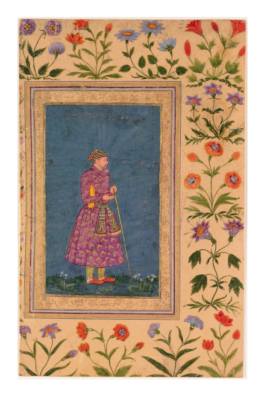 Mughal Grandeen muotokuva, seisova, n. 1640 (läpinäkymätön akvarelli ja kulta paperille) tekijältä Bahadur Ilyas