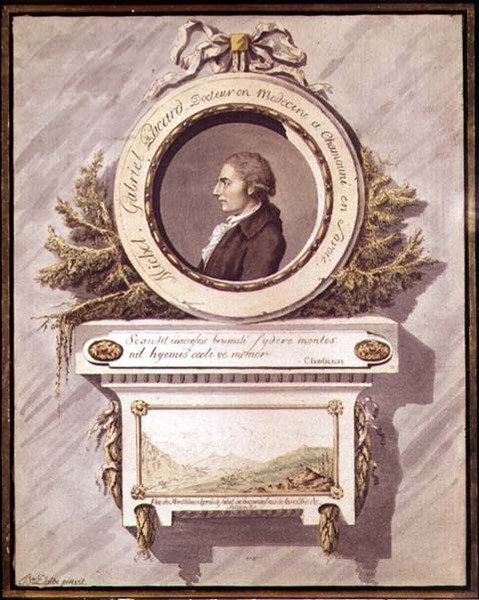 Michel Gabriel Pacard, lääkäri Chamonixista, Savoiesta näköalalla Mont Blancille Sallenchen laaksosta, 1700-luku (wc) tekijältä Bailer Dalbe