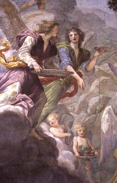 Enkelit palvelevat Kristusta, yksityiskohta enkeleistä ja kerubeista. tekijältä Baldassare  Franceschini