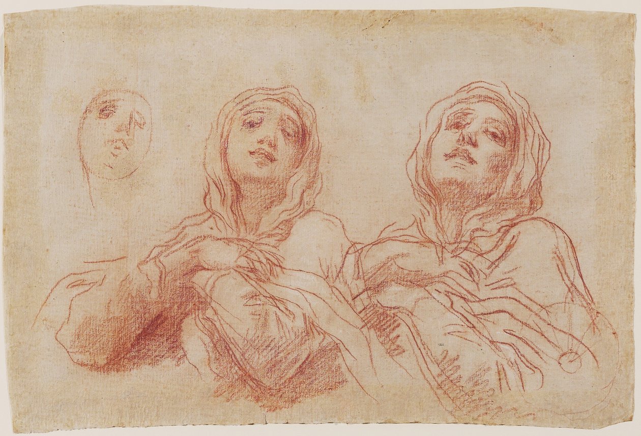 Neitsyt Marian pään opinnot, n.1680 (punaliitu ja valkoisen liidun korotuksen jälkiä, liimapaperi). tekijältä Baldassare Franceschini