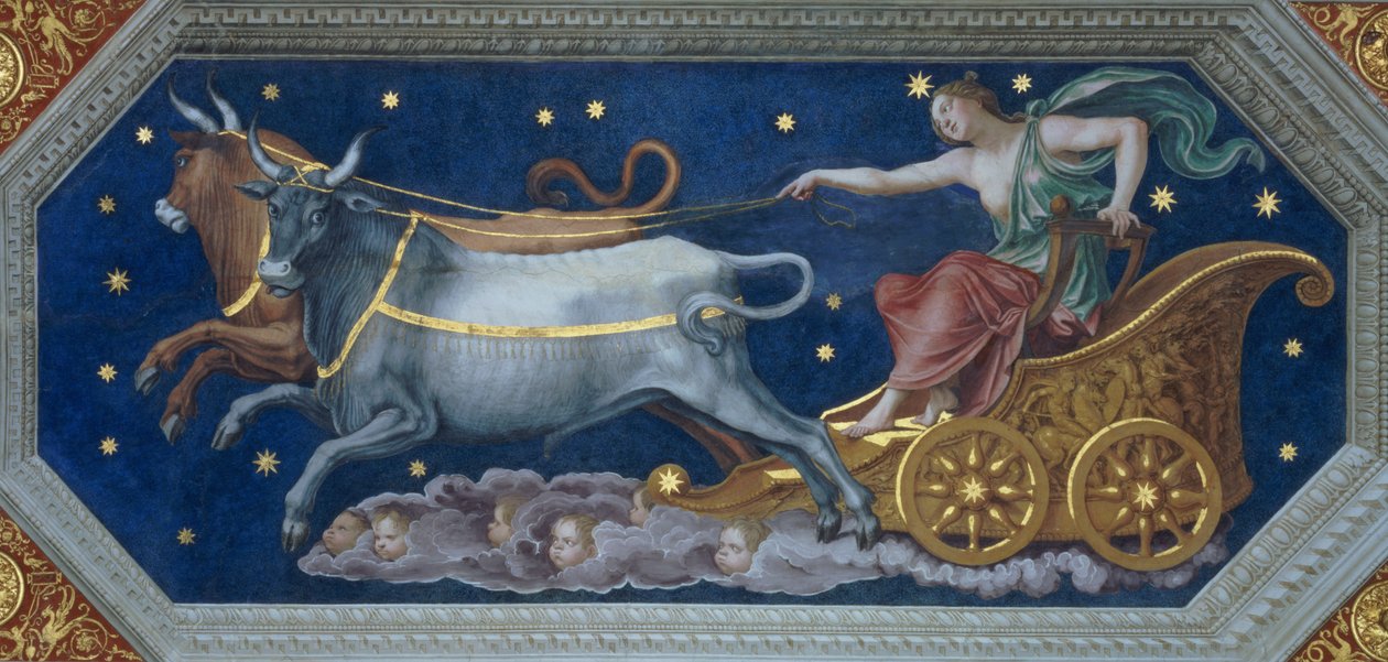 Nymfi Callisto Jupiterin vaunuilla, kattokoriste "Sala di Galatean" kattokoristeesta, 1511-12. tekijältä Baldassarre Peruzzi