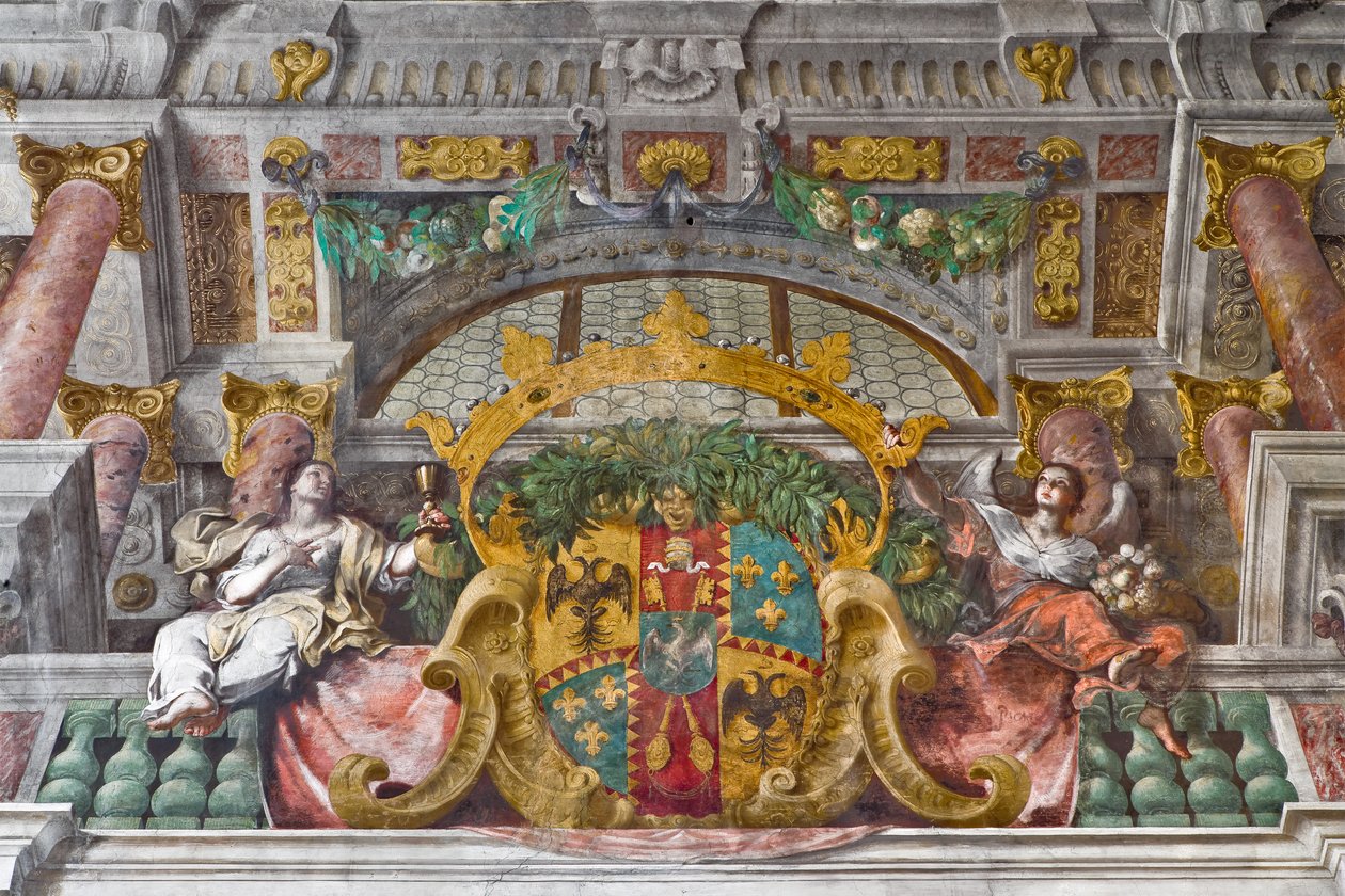 Yksityiskohta koristeen reunuslista ja allegorisia hahmoja, Pyhän Fransiskuksen kirkko, Sassuolo, Italia. tekijältä Baldassarre & Monti Giovanni Giacomo (1620-92) Bianchi