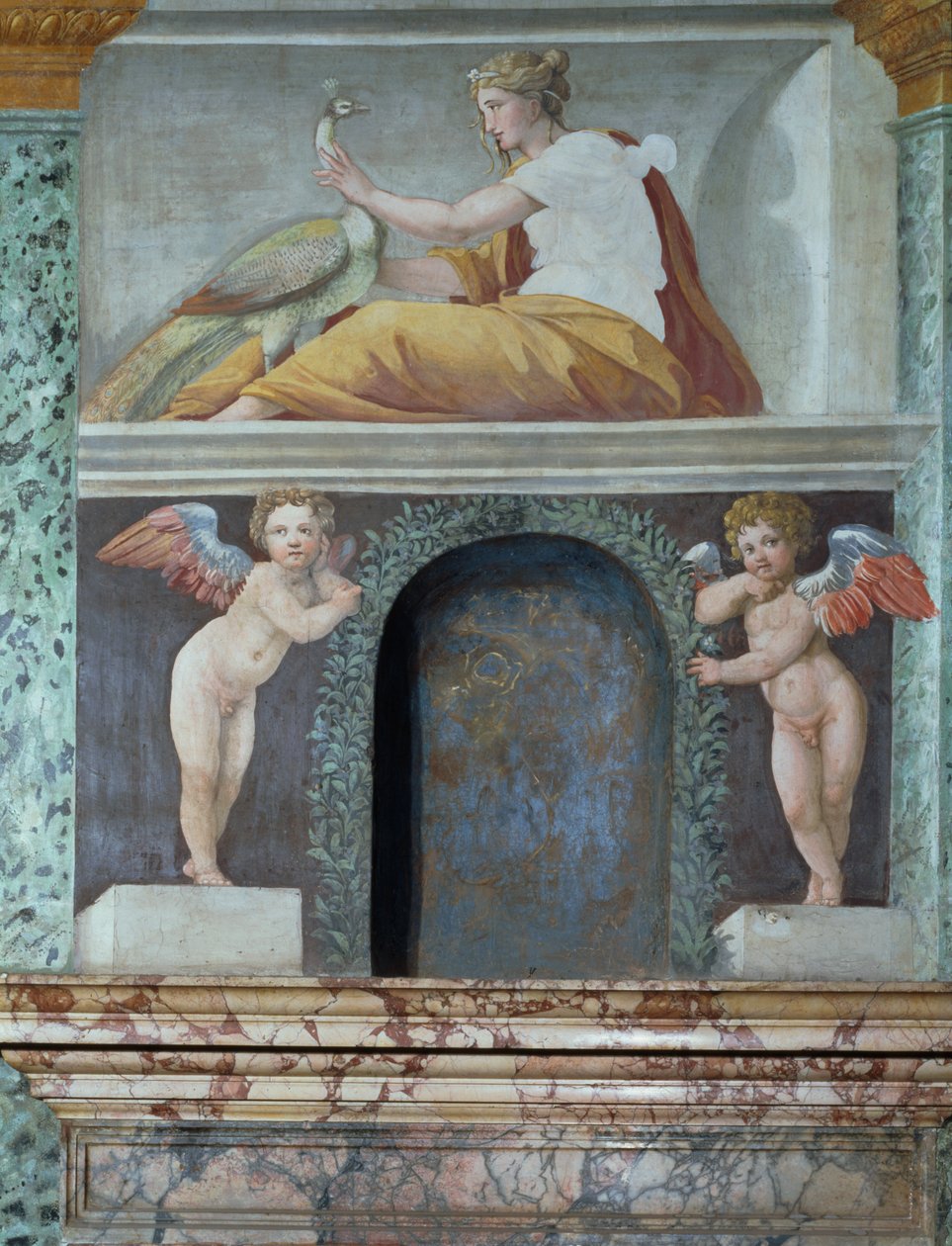 Sala delle Prospettive Perspektiivisali yksityiskohta trompe loeil -niemestä, jossa on kuvattu jumalatar Juno riikinkukon kanssa, fresko vuodelta 1518-19. tekijältä Baldassarre Peruzzi