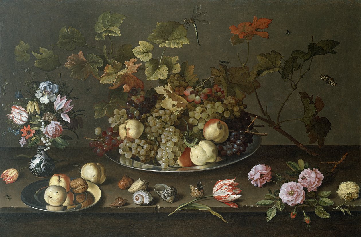 Hedelmien, kukkien ja kuorien asetelma tekijältä Balthasar van der Ast