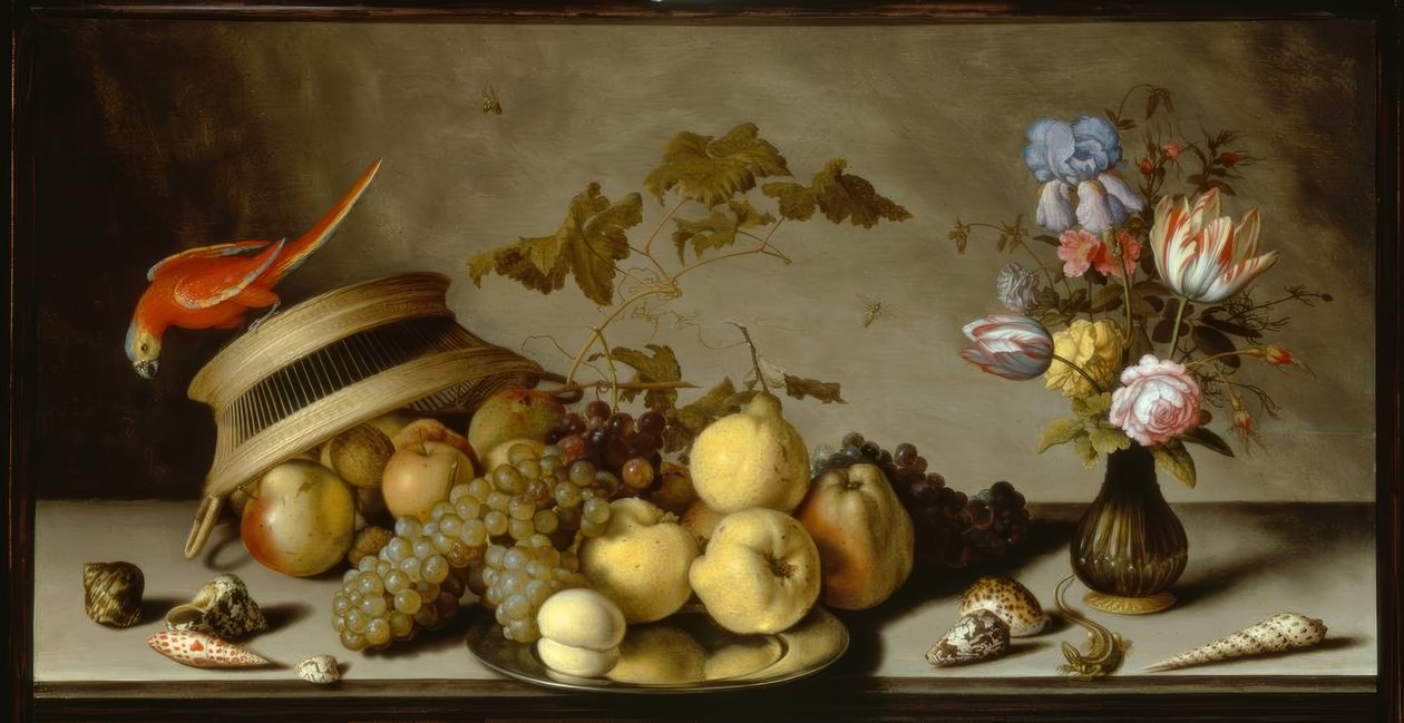 Stilleben mit Birnen, Pfirsichen, Äpfeln auf Zinnplatte tekijältä Balthasar van der Ast