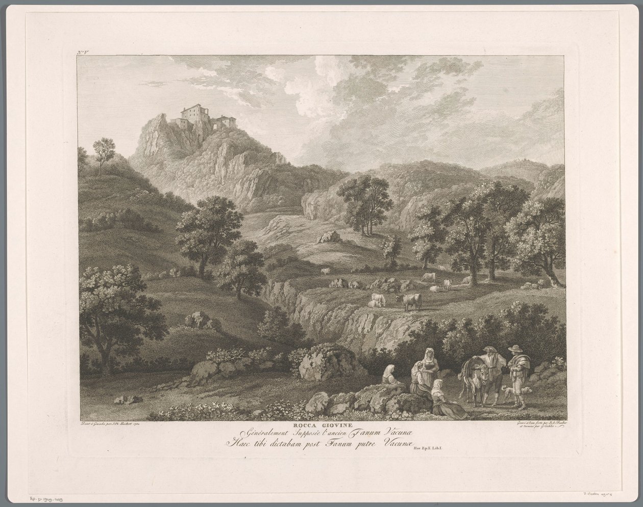 Näkymä Roccagiovineen Rocca Giovine (otsikko esineessä) Suite de VI vues des Environs de Rome (...) (sarjan nimi) tekijältä Balthasar Anton Dunker