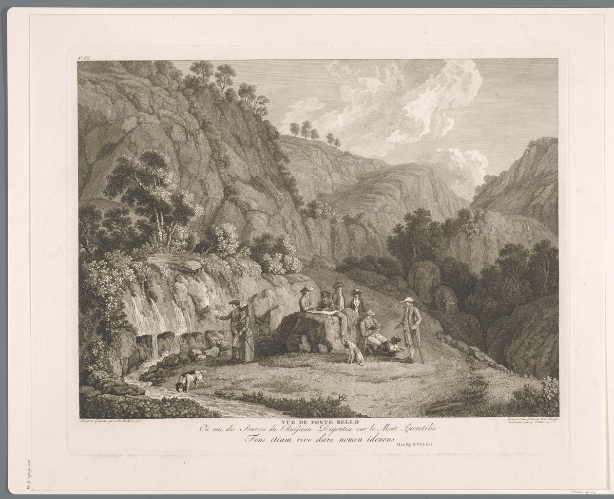 Näkymä lähteestä Monti Lucretilissä Vüe ​​​​de fonte bello (otsikko esineessä) Suite de VI vues des Environs de Rome (...) (sarjan nimi) tekijältä Balthasar Anton Dunker