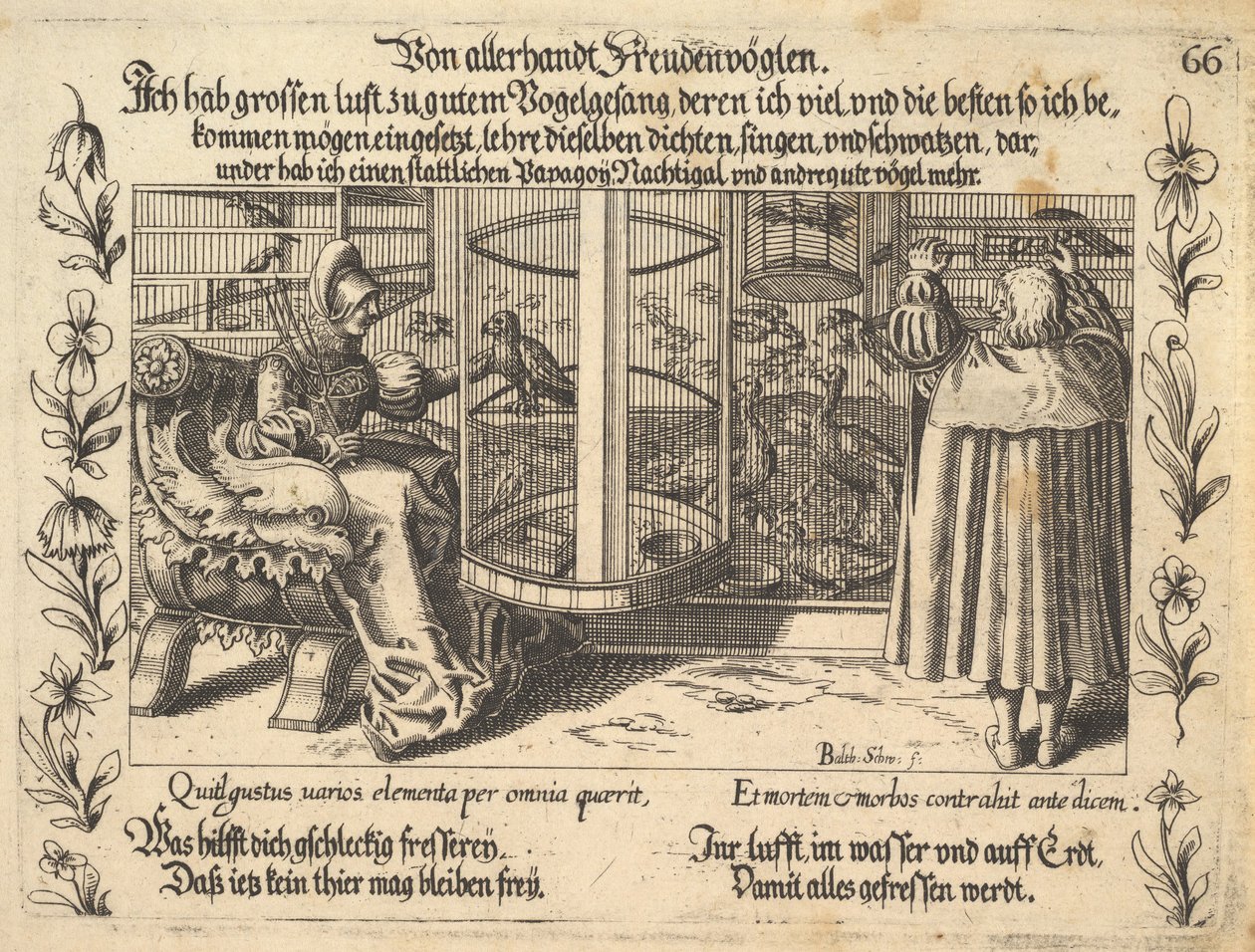 Kaikenlaisista iloisista linnuista, kuvitus Petrarkasta, Glück und Unglück Spiegel, hahmo..., 1652. tekijältä Balthasar Schwan