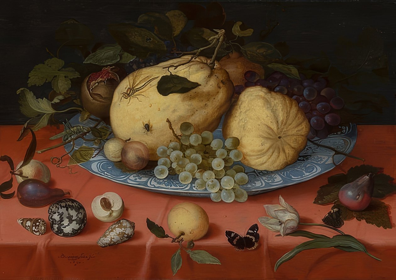 Hedelmät asetelma simpukankuorilla ja tulppaanilla. 1620 tekijältä Balthasar van der Ast