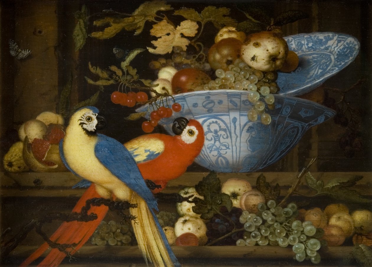 Natura morta de fruites amb dos lloros finlandesos tekijältä Balthasar van der Ast