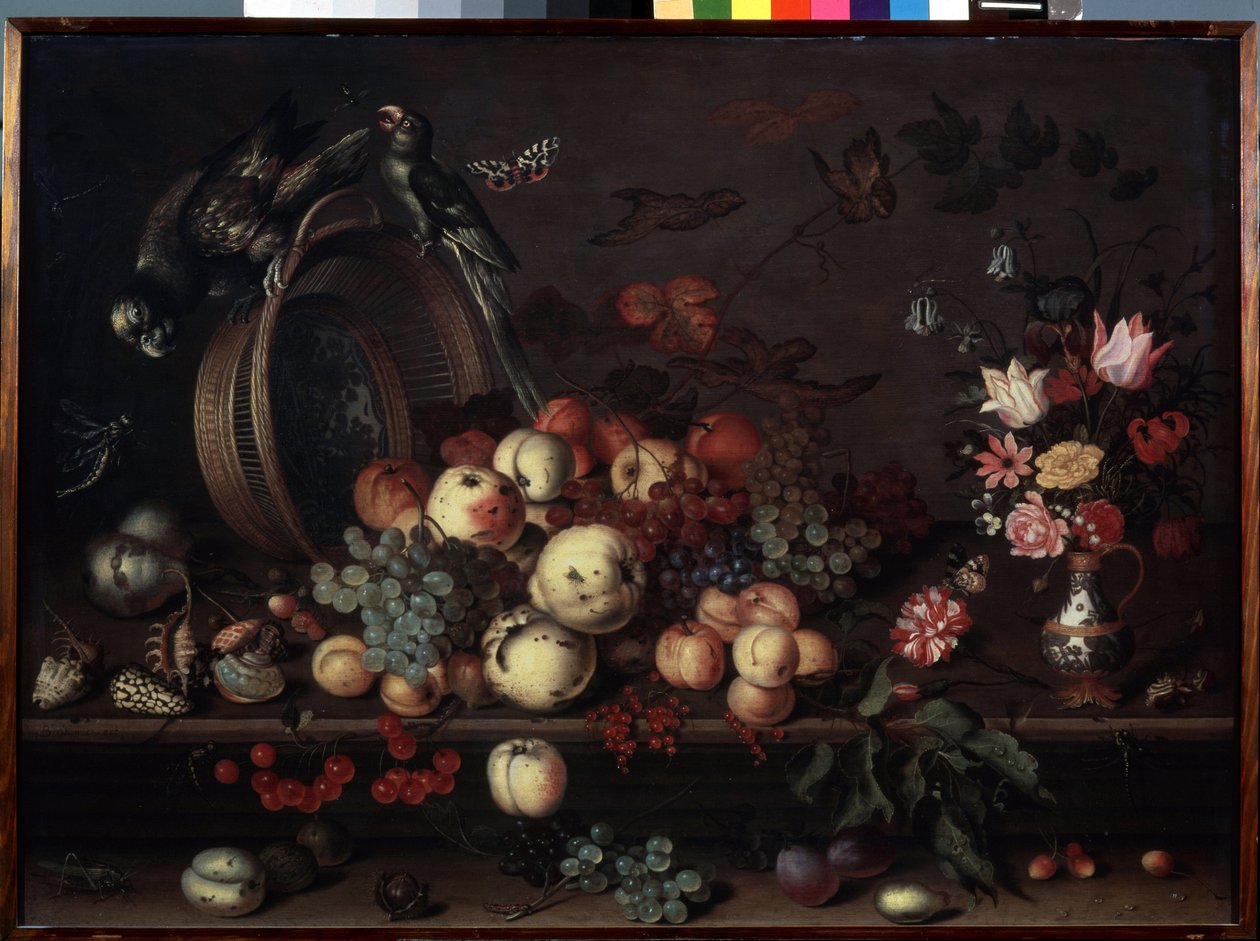 "Asetelma hedelmillä, kukilla ja papukaijoilla" (tunnetaan myös nimellä "Asetelma hedelmillä, kuorilla ja hyönteisillä") Balthasar van der Astin (1593/4-1657) maalaus n. 1620 Mitat 75x104 cm Ermi-museo tekijältä Balthasar van der Ast