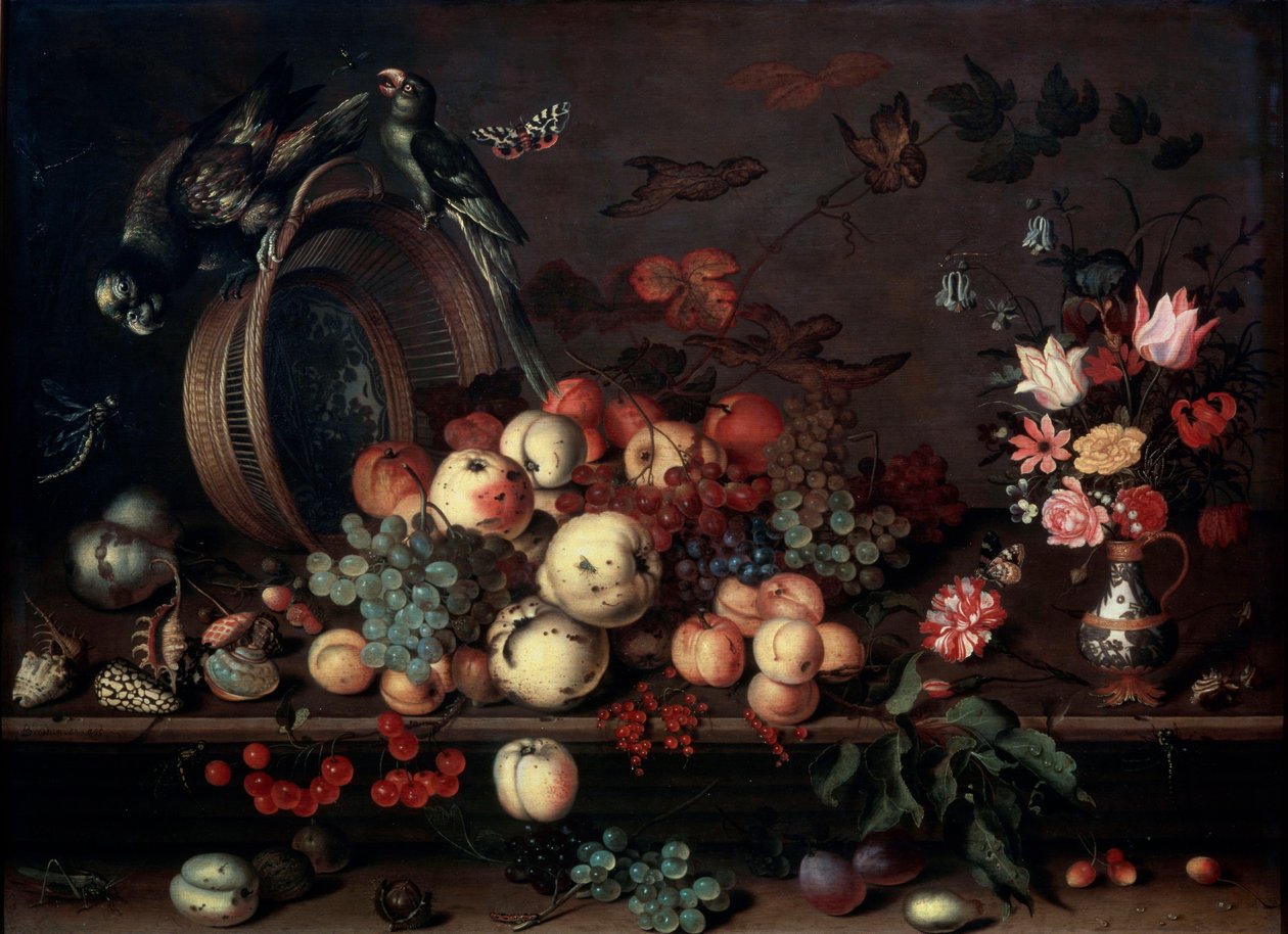 Asetelma hedelmien, kukkien ja papukaijoineen, 1620-luku tekijältä Balthasar van der Ast