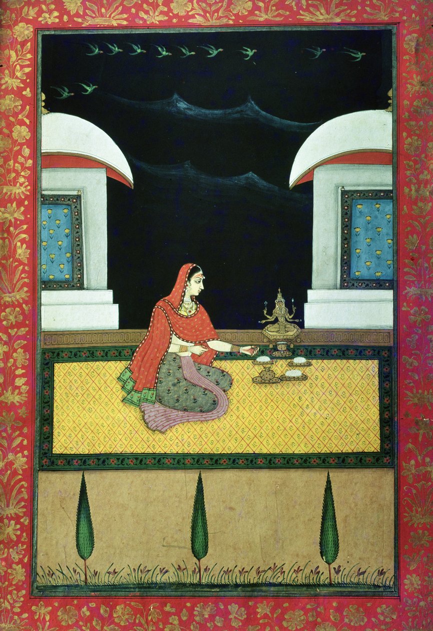 Nainen istuu matolla, 1750 (guassi paperilla) tekijältä Bangazi Ragini