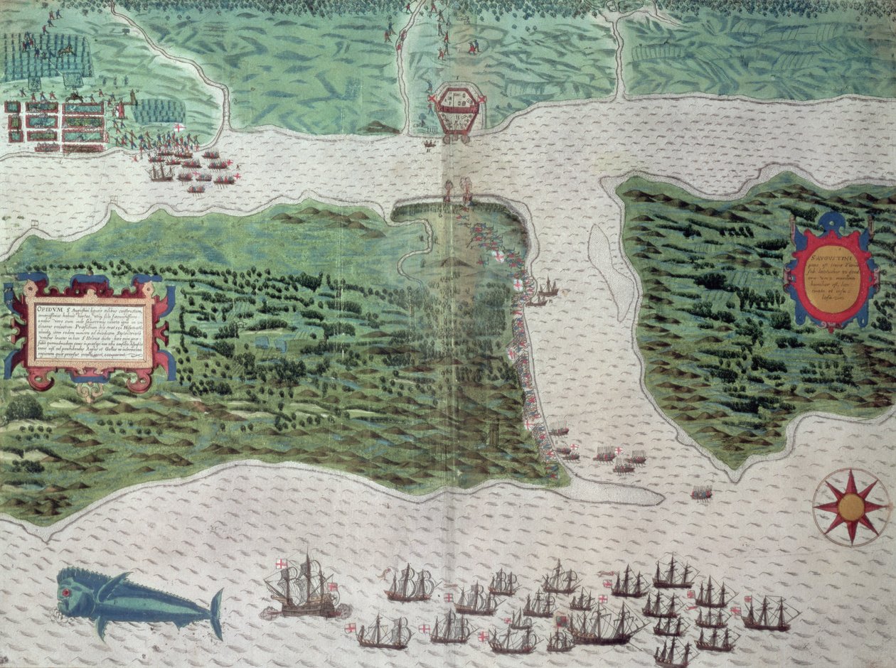 Kartta, joka kuvaa espanjalaisen St. Augustinen siirtokunnan tuhoa Floridassa 7. heinäkuuta 1586 Sir Francis Draken (1540-96) johtaman englantilaisen laivaston toimesta 1589 (käsinvärinen kaiverrus) tekijältä Baptista Boazio